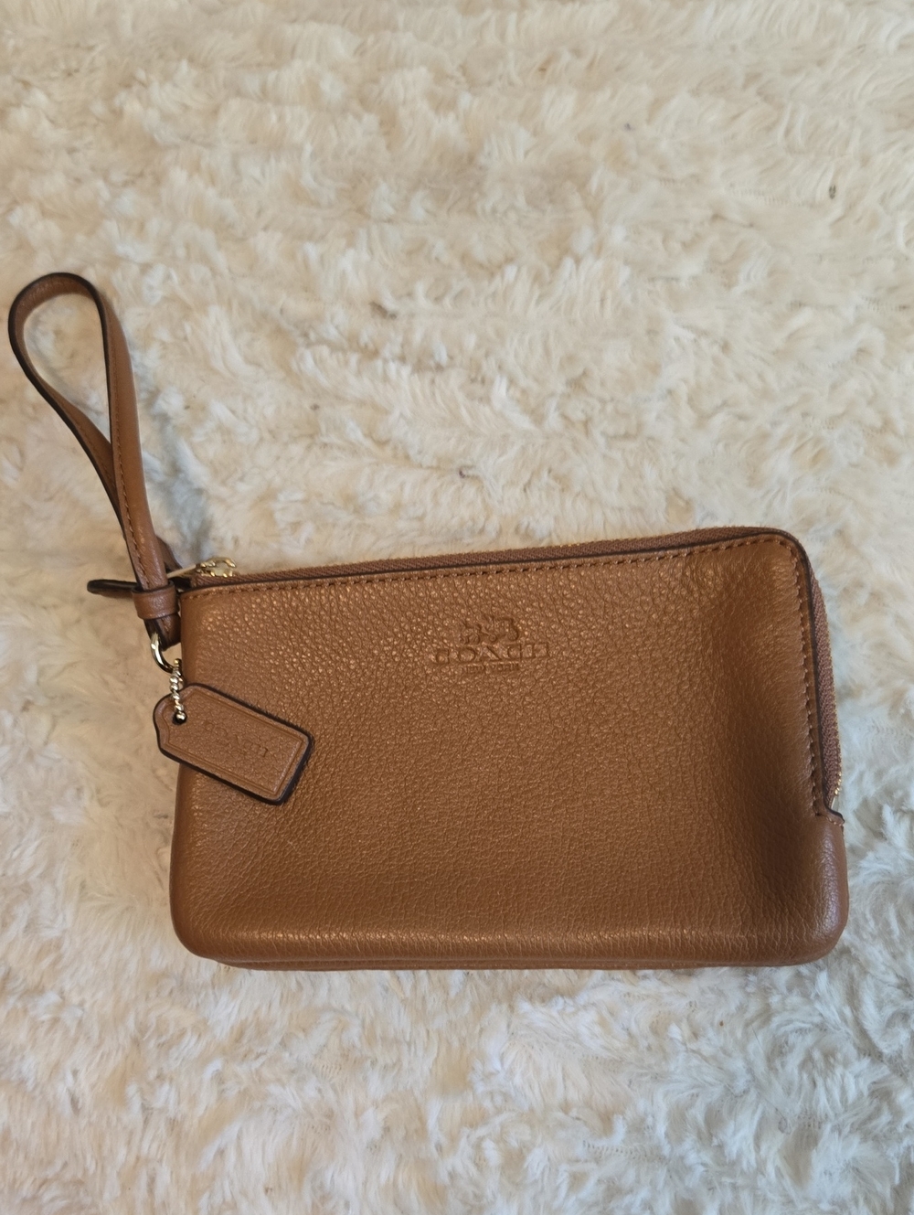 Coach Tan Leather Wristlet Clutch Double Zip